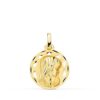 Medalla circular de la Virgen Niña de perfil en oro amarillo de 18 quilates, 18 mm, con borde exterior tallado de alto brillo y diseño interior calado sobre fondo blanco.