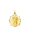 Medalla de la Virgen Niña de perfil con forma de capilla en oro amarillo de 18 quilates, dimensiones 17x14 mm, con textura de fondo matizada y figura central brillante sobre fondo blanco.