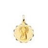 Medalla circular de la Virgen Niña de perfil en oro amarillo de 18 quilates, 19 mm, con fondo de textura matizada y borde exterior calado sobre fondo blanco.