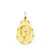 Medalla con forma de gota de la Virgen Niña de perfil en oro amarillo de 18 quilates, dimensiones 23x15 mm, con borde exterior de talla clásica labrada sobre fondo blanco.