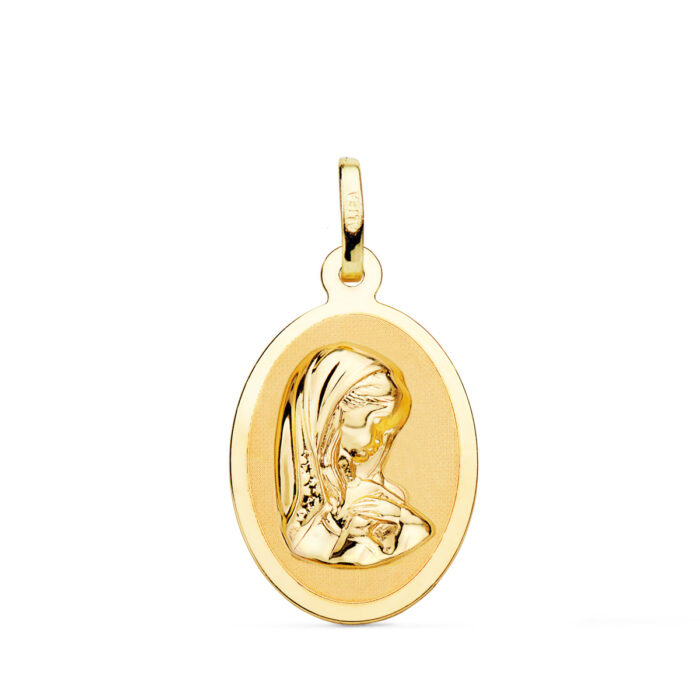 Medalla ovalada de la Virgen Niña de perfil en oro amarillo de 18 quilates, dimensiones 21x15 mm, con acabado pulido brillante y borde liso sobre fondo blanco.