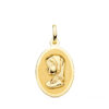 Medalla ovalada grande de la Virgen Niña de perfil en oro amarillo de 18 quilates, dimensiones 21x15 mm, con acabado pulido brillante espejo y borde liso sobre fondo blanco.