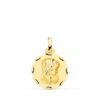 Medalla circular de la Virgen Niña de perfil en oro amarillo de 18 quilates, 16 mm de diámetro, con fondo interior mate (matizado) y borde exterior labrado tallado brillante sobre fondo blanco.