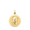 Medalla circular de la Virgen Niña de perfil en oro amarillo de 18 quilates, 18 mm de diámetro, con acabado pulido brillante espejo y borde liso sobre fondo blanco.