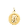 Medalla circular de la Virgen Niña de perfil en oro amarillo de 18 quilates, 20 mm de diámetro, con acabado pulido brillante espejo y bisel liso sobre fondo blanco.