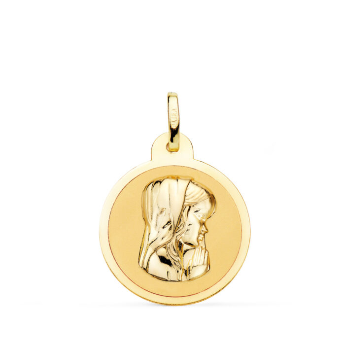 Medalla circular de la Virgen Niña de perfil en oro amarillo de 18 quilates, 20 mm de diámetro, con acabado pulido brillante espejo y bisel liso sobre fondo blanco.
