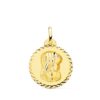 Medalla circular grande de la Virgen Niña de perfil en oro amarillo de 18 quilates, 20 mm de diámetro, con borde labrado de talla cruzada brillante sobre fondo blanco.