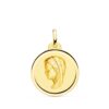 Medalla circular de la Virgen Niña de perfil en oro amarillo de 18 quilates, 20 mm de diámetro, con bisel liso pulido y acabado brillante sobre fondo blanco.