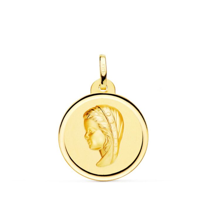 Medalla circular de la Virgen Niña de perfil en oro amarillo de 18 quilates, 20 mm de diámetro, con bisel liso pulido y acabado brillante sobre fondo blanco.