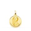 Medalla redonda de la Virgen Niña de perfil en oro amarillo de 18 quilates, 18 mm de diámetro con borde liso pulido y acabado brillante sobre fondo blanco.