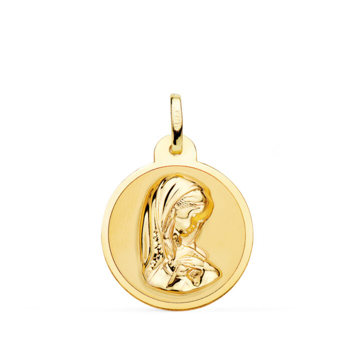 Medalla circular de la Virgen Niña de perfil en oro amarillo de 18 quilates, 20 mm de diámetro, con acabado pulido brillante y bisel liso sobre fondo blanco.