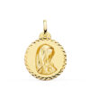 Medalla circular grande de la Virgen Niña de perfil en oro amarillo de 18 quilates, 22 mm de diámetro, con borde labrado en talla cruzada brillante sobre fondo blanco.