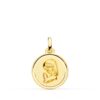 Medalla circular de la Virgen Niña de perfil en oro amarillo de 18 quilates, 16 mm de diámetro, con bisel exterior liso pulido sobre fondo blanco.