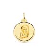 Medalla circular grande de la Virgen Niña de perfil en oro amarillo de 18 quilates, 20 mm de diámetro con bisel liso brillante sobre fondo blanco.