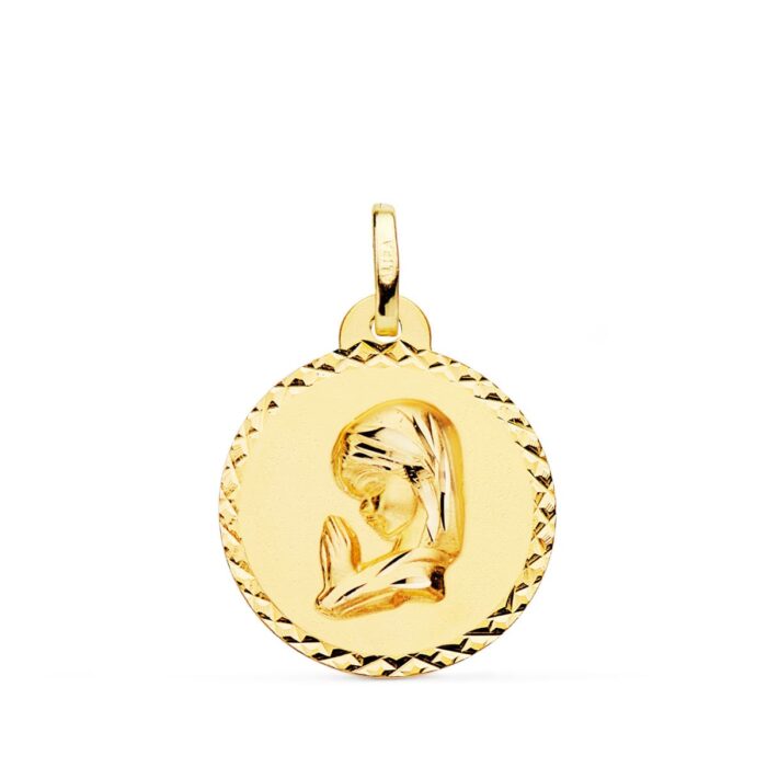 Medalla circular de la Virgen Niña de perfil en oro amarillo de 18 quilates, tamaño 20 mm, con borde labrado en talla cruzada brillante sobre fondo blanco.