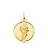 Medalla circular grande de la Virgen Niña rezando, fabricada en oro amarillo de 18 quilates, 20 mm de diámetro con bisel liso pulido sobre fondo blanco.