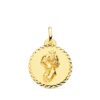 Medalla de la Virgen Niña de perfil en oro amarillo de 18 quilates, 20 mm de diámetro, con bisel labrado en talla cruzada brillante sobre fondo blanco.