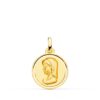 Medalla de la Virgen Niña de perfil en oro amarillo de 18 quilates, tamaño 16 mm, con bisel liso circular y acabado pulido brillante sobre fondo blanco.