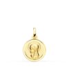 Pequeña medalla de la Virgen Niña en oro amarillo de 18 quilates, 14 mm, con centro matizado suave y bisel exterior liso pulido sobre fondo blanco.