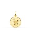 Medalla de la Virgen Niña de perfil en oro amarillo de 18 quilates, 16 mm, con centro satinado matizado y borde exterior liso brillante sobre fondo blanco.