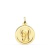 Medalla de la Virgen Niña de perfil en oro amarillo de 18 quilates con bisel liso brillante, 18 mm de diámetro, sobre fondo blanco.