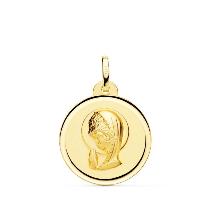 Medalla circular grande de la Virgen Niña en oro amarillo de 18 quilates con bisel liso y acabado pulido espejo, 20 mm de diámetro.