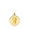 Medalla circular de la Virgen Niña en oro amarillo de 18 quilates con borde tallado brillante de 16 mm sobre fondo blanco.
