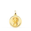 Medalla redonda de oro amarillo de 18 quilates con relieve de la Virgen Niña de perfil y superficie lisa pulida de 18 mm.