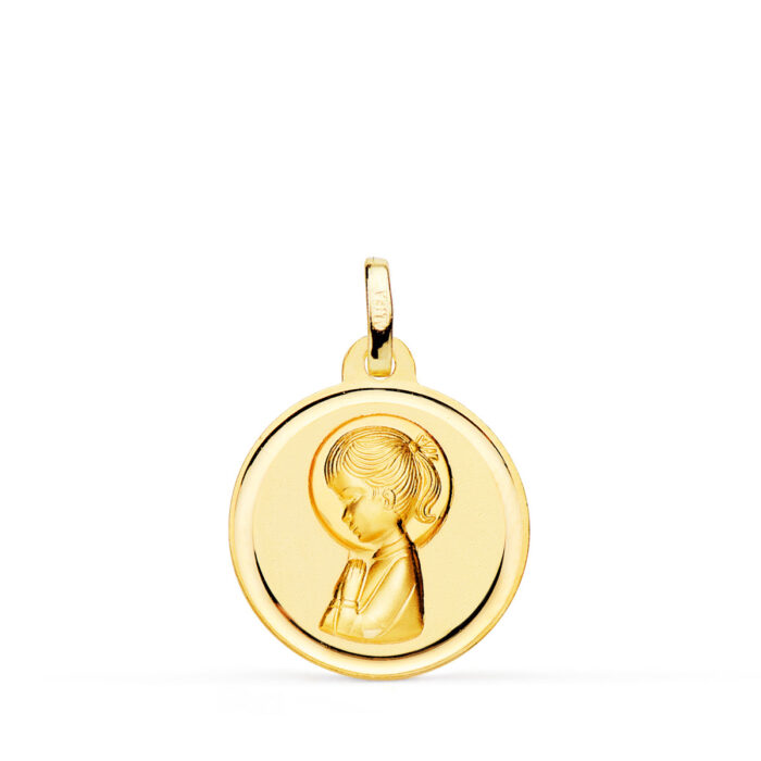 Medalla redonda de oro amarillo de 18 quilates con relieve de la Virgen Niña de perfil y superficie lisa pulida de 18 mm.