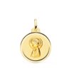 Medalla redonda de oro amarillo de 18 quilates con relieve de la Virgen Niña de perfil y borde de bisel liso brillante de 20 mm.