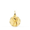 Medalla redonda de oro amarillo de 18 quilates con la Virgen Niña de perfil en acabado matizado y borde exterior tallado de 16 mm.