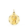 Medalla redonda de oro amarillo de 18 quilates con la Virgen Niña de perfil matizada y borde tallado brillante de 18 mm.