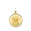 Medalla de oro amarillo de 18k con relieve de la Virgen María y el Espíritu Santo rodeada por un bisel liso pulido de 20 mm.