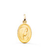 Medalla ovalada de oro amarillo de 18k con la Virgen Niña de perfil matizada y borde tallado brillante de 16x12 mm.