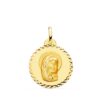 Medalla de oro amarillo de 18 quilates con la Virgen Niña en oración, diámetro 20 mm y borde decorativo con grabado de talla cruzada brillante.