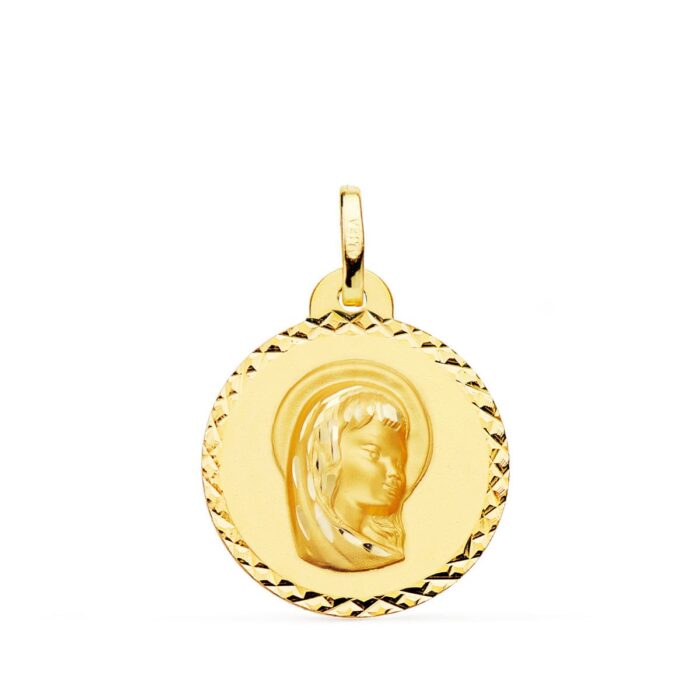 Medalla de oro amarillo de 18 quilates con la Virgen Niña en oración, diámetro 20 mm y borde decorativo con grabado de talla cruzada brillante.