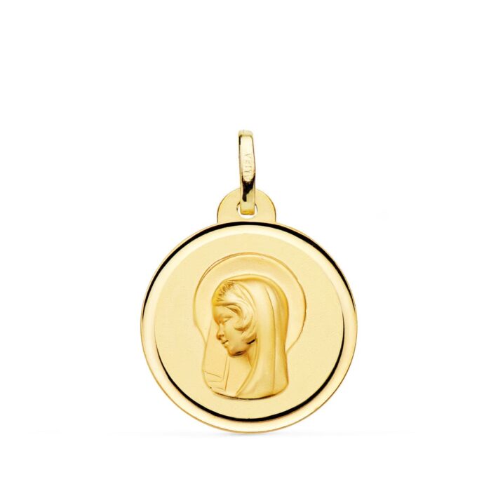 Medalla de oro amarillo 18K de la Virgen María Regina Caelorum de 20 mm de diámetro con bisel exterior liso y brillante.