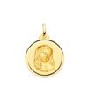 Medalla redonda de la Virgen María Virgo Virginum en oro amarillo de 18 quilates con borde de talla cruzada brillante y 20 mm de diámetro.