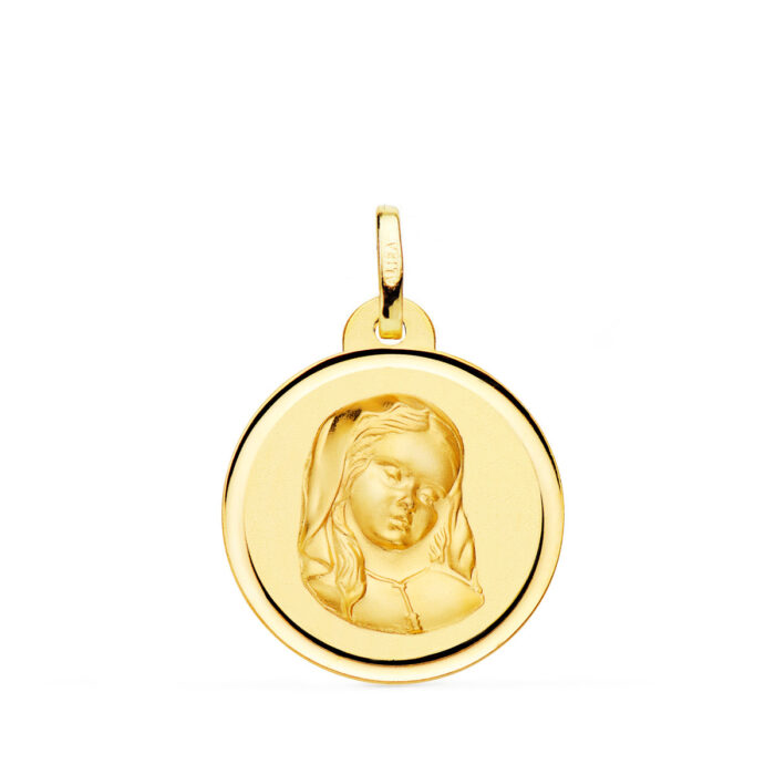 Medalla redonda de la Virgen María Virgo Virginum en oro amarillo de 18 quilates con borde de talla cruzada brillante y 20 mm de diámetro.