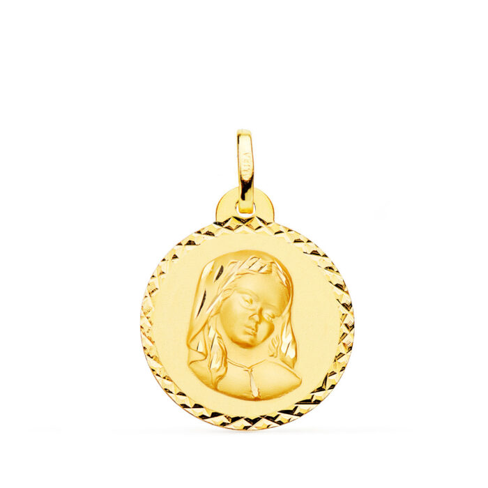 Medalla redonda de la Virgen María Virgo Virginum en oro amarillo de 18 quilates con borde de talla cruzada brillante y 20 mm de diámetro.