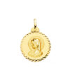 Medalla redonda de la Virgen María Virgo Virginum en oro amarillo de 18 quilates con borde de talla cruzada brillante y 20 mm de diámetro.