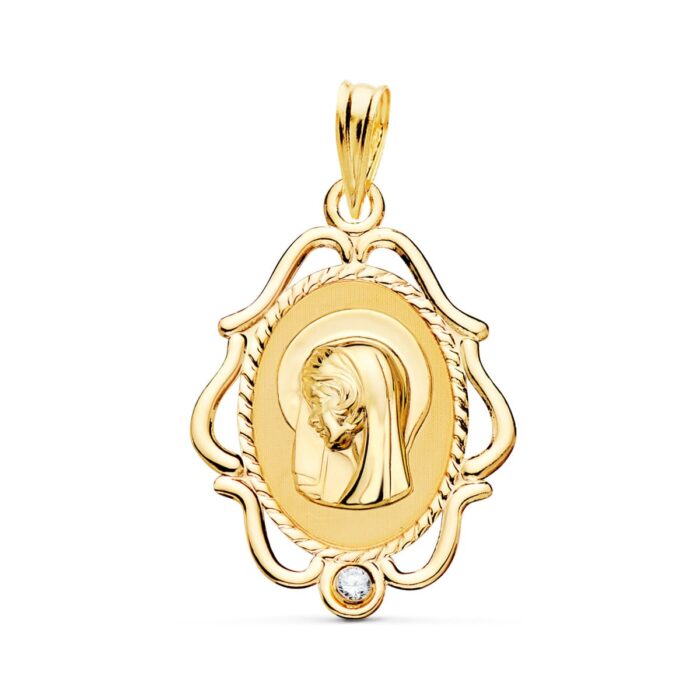 Medalla de la Virgen Niña de perfil en oro amarillo de 18 quilates con borde calado brillante y una circonita blanca engastada, tamaño 24x17 mm.