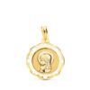 Medalla religiosa de la Virgen Niña de perfil en oro amarillo de 18 quilates con cerco calado ornamental y pulido brillante de 20x18 mm.