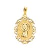 Medalla de la Virgen Niña de perfil en oro amarillo de 18 quilates con borde exterior calado y acabado brillante de 23x16 mm.