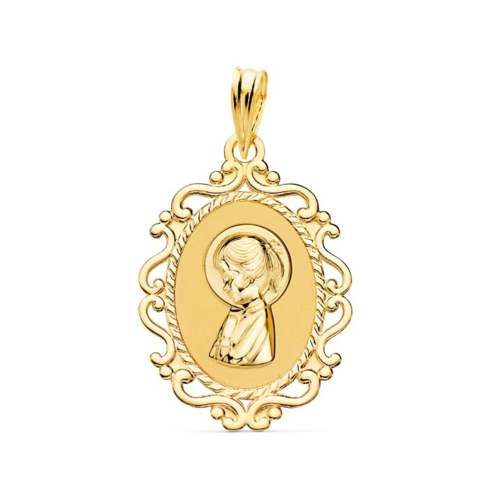 Medalla de la Virgen Niña de perfil en oro amarillo de 18 quilates con borde exterior calado y acabado brillante de 23x16 mm.