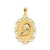 Medalla de oro amarillo 18K con la Virgen Niña de perfil rodeada por un cerco calado ornamental con acabado en brillo.
