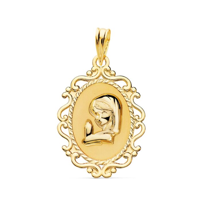 Medalla de oro amarillo 18K con la Virgen Niña de perfil rodeada por un cerco calado ornamental con acabado en brillo.