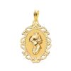 Medalla de la Virgen Niña de perfil en oro amarillo 18K con borde de cerco calado y acabado en brillo pulido.