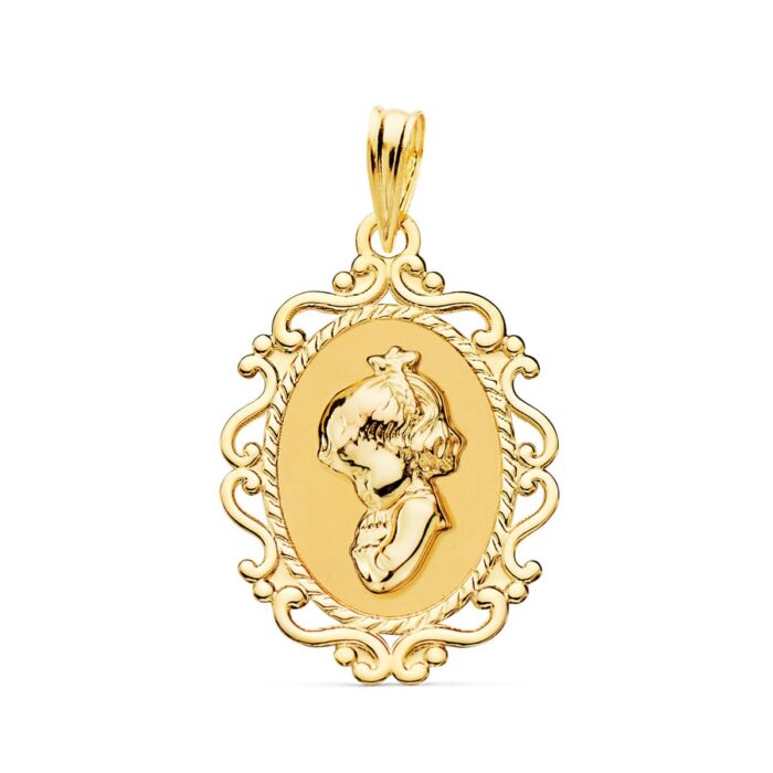 Medalla de la Virgen Niña de perfil en oro amarillo 18K con borde de cerco calado y acabado en brillo pulido.