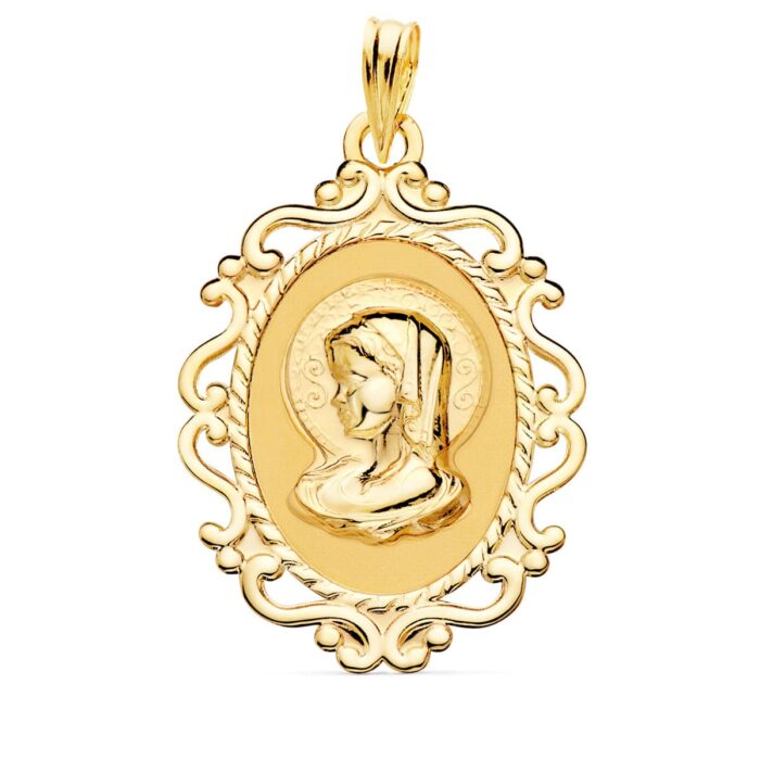 Medalla de la Virgen Niña en oro amarillo 18K con borde ornamental calado y acabado en brillo pulido de alta joyería.